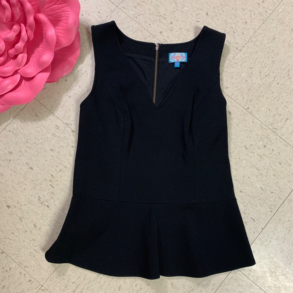 PLENTY By Tracey Reese Anthropologie Size 6 Black Stretch V-Neck Peplum‎ Top